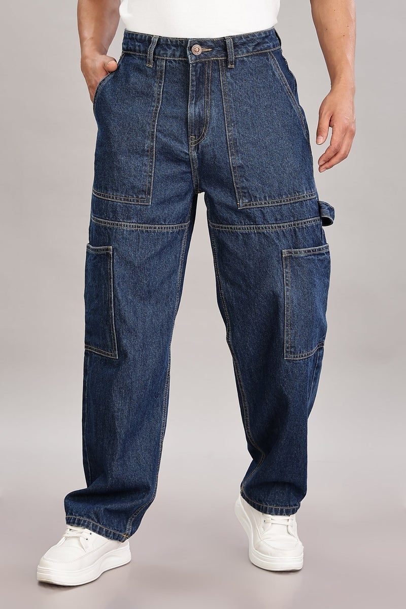 inkd جينز نجار للرجال الفضفاض - غرزة قطنية متباينة 100٪ متوسط الارتفاع| 6 جينز واسع بتصميم الجيب للرجال وكارجو للرجال - Image 1